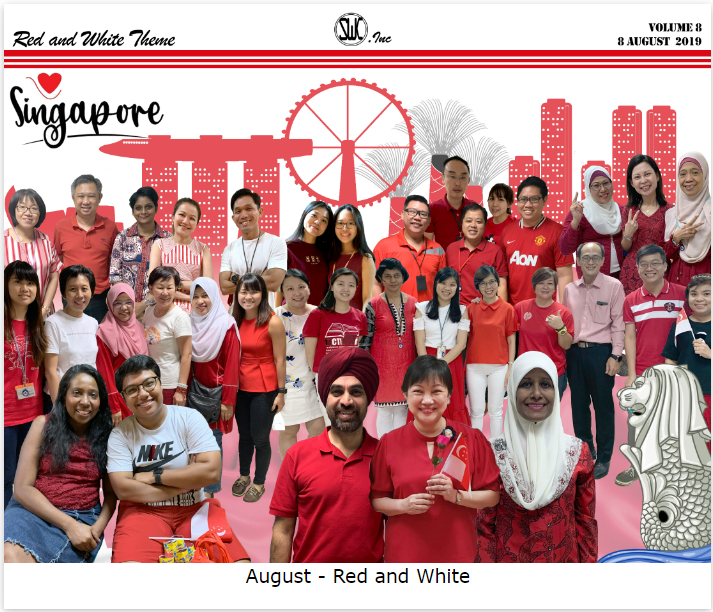 A group of people dressed in red and white against a backdrop of Singapore's Marina Bay skyline
